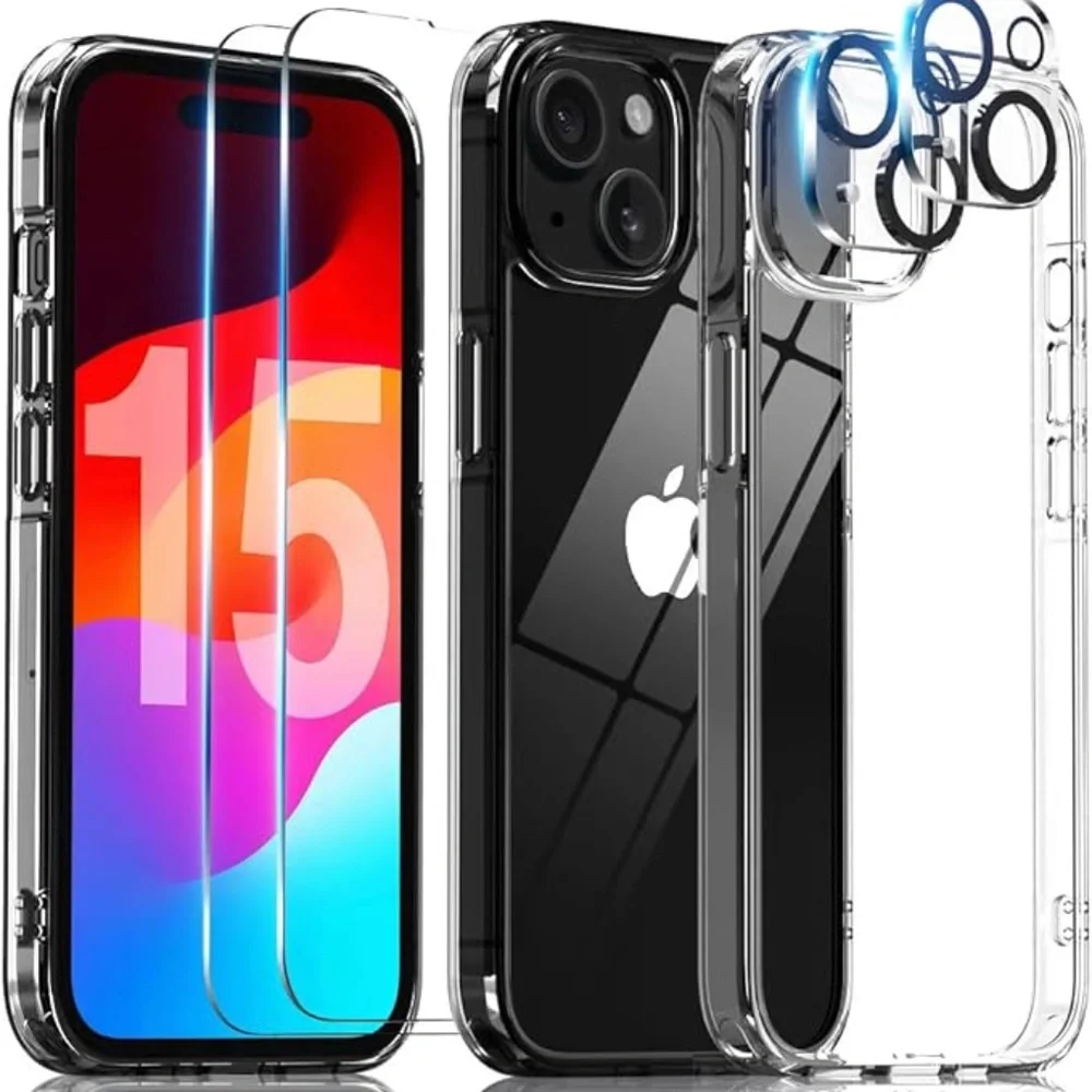 New iPhone 15 Clear Case w/ 2 Glass Screen Protector + 2 Camera Lens Protector